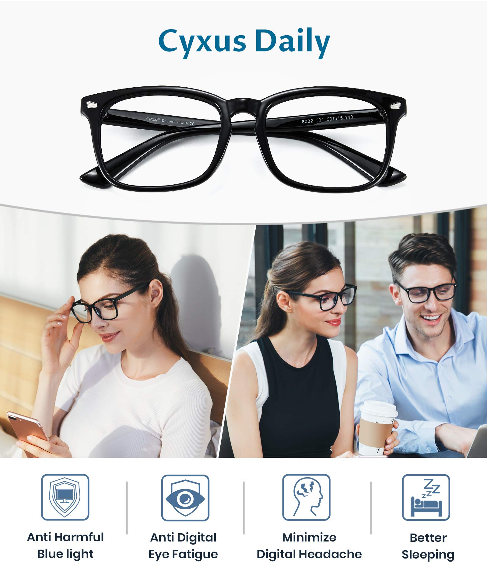 Cyxus Blue Light Glasses for Anti Glare and Eyes Strain Eyewear Frame, Filter Blue Ray Computer Gaming Eyeglasses, Unisex for Women and Men